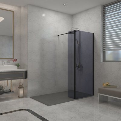 B&Q -  Black Walk In Shower Enclosure Wet Room Grey Glass 760mm & 300mm Return Panel With 1300X800mm Anthracite Smc Shower Tray