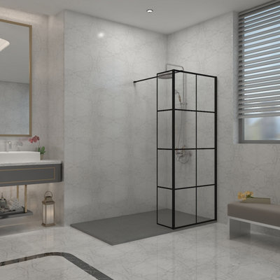B&Q -  Black Grid Walk In Shower Enclosure Wet Room Glass 760mm & 300mm Return Panel With 1300X800mm Anthracite Smc Shower Tray
