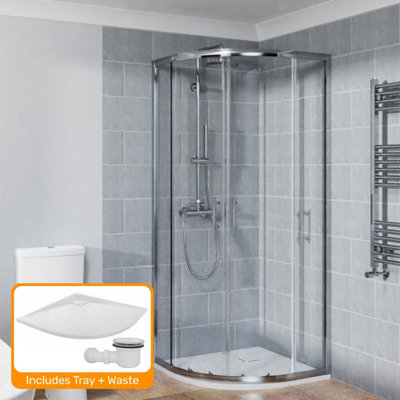 Sundaze Chrome 800 X 800mm Sliding Door Quadrant Shower Enclosure With White Slate Effect Shower Tray & Waste