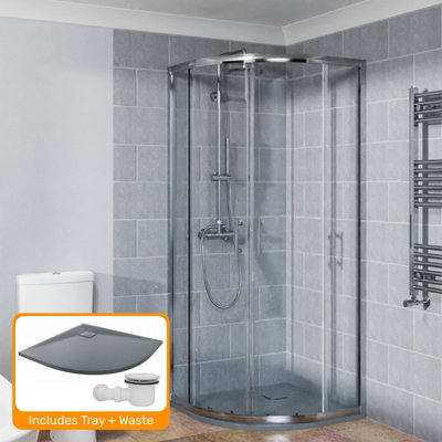 Sundaze Chrome 800 X 800mm Sliding Door Quadrant Shower Enclosure With Anthracite Slate Effect Shower Tray & Waste