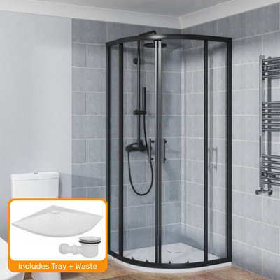 Sundaze Matte Black 800 X 800mm Quadrant Sliding Door Shower Enclosure With White Slate Effect Shower Tray & Waste