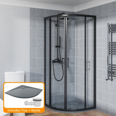 Sundaze Matte Black 800 X 800mm Quadrant Sliding Door Shower Enclosure With Anthracite Slate Effect Shower Tray & Waste