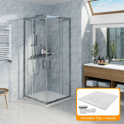 Sundaze Chrome 800 X 800mm Square Sliding Door Shower Enclosure With White Slate Effect Shower Tray & Waste