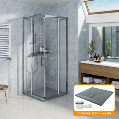 Sundaze Chrome 800 X 800mm Square Sliding Door Shower Enclosure With Anthracite Slate Effect Shower Tray & Waste