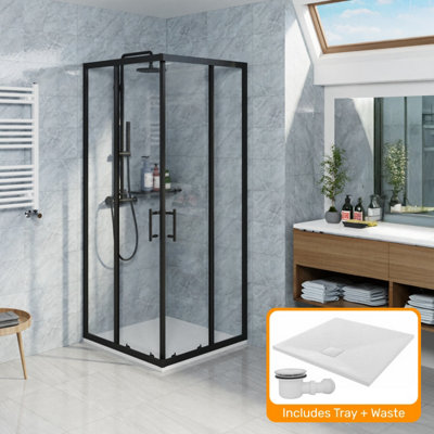 Sundaze Matte Black 800 X 800mm Square Sliding Door Shower Enclosure With White Slate Effect Shower Tray & Waste