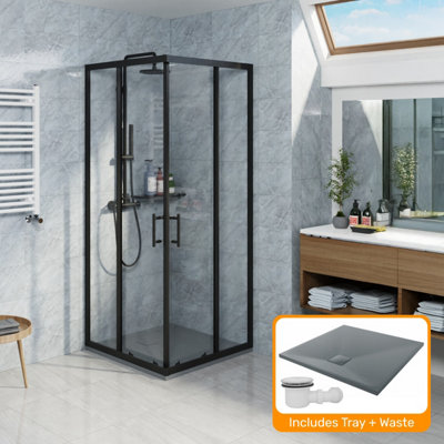 Sundaze Matte Black 800 X 800mm Square Sliding Door Shower Enclosure With Anthracite Slate Effect Shower Tray & Waste