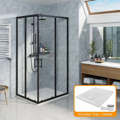 Sundaze Matte Black 1000 X 800mm Rectangular Sliding Door Shower Enclosure With White Slate Effect Shower Tray & Waste