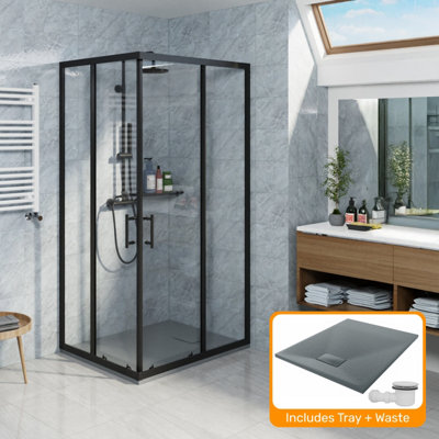 Sundaze Matte Black 1000 X 800mm Rectangular Sliding Door Shower Enclosure With Anthracite Slate Effect Shower Tray & Waste