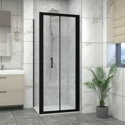 Sundaze Matt Black 800mm Bi-Fold Door Shower Enclosure With 800mm Side PanelWhite Slate Effect Shower Tray & Waste from B&Q