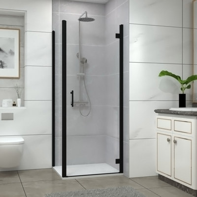 Sundaze Matt Black Shower Enclosure 700mm Hinged Door With 700mm Side PanelWhite Slate Effect Shower Tray & Waste from B&Q