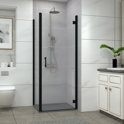 Sundaze Matt Black Shower Enclosure 900mm Hinged Door With 900mm Side PanelAnthracite Slate Effect Shower Tray & Waste from B&Q