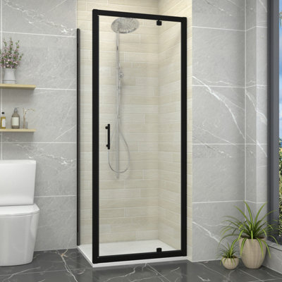Sundaze 700mm Pivot Door Shower Enclosure Matt Black Framed 700mm With Side PanelWhite Slate Effect Shower Tray & Waste from B&Q