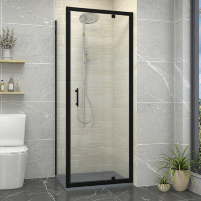 Sundaze Matt Black 800mm Pivot Door Shower Enclosure 700mm With Side PanelAnthracite Slate Effect Shower Tray & Waste from B&Q