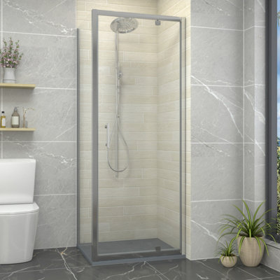Sundaze Chrome 800mm Pivot Door Shower Enclosure With 800mm Side PanelAnthracite Slate Effect Shower Tray & Waste from B&Q