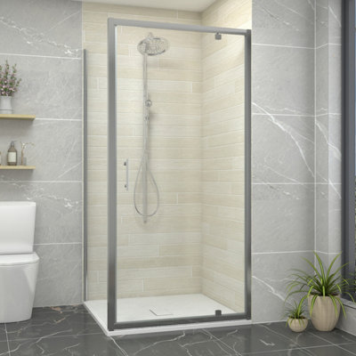 Sundaze 900mm Pivot Door Shower Enclosure Chrome Framed With 900mm Side PanelWhite Slate Effect Shower Tray & Waste from B&Q