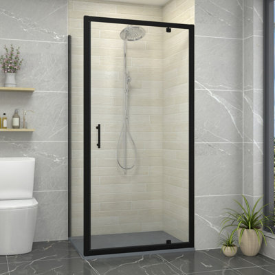 Sundaze Matt Black 1000mm Pivot Door Shower Enclosure 900mm With Side PanelAnthracite Slate Effect Shower Tray & Waste from B&Q