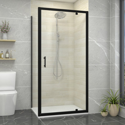 Sundaze Matt Black 1000mm Pivot Door Shower Enclosure 900mm With Side PanelWhite Slate Effect Shower Tray & Waste from B&Q