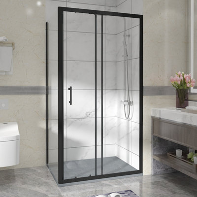 Sundaze Matt Black Shower Enclosure 1100mm Sliding Door With 700mm Side PanelAnthracite Slate Effect Shower Tray & Waste from B&Q