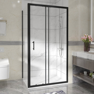Sundaze Matt Black Shower Enclosure 1100mm Sliding Door With 800mm Side PanelWhite Slate Effect Shower Tray & Waste from B&Q