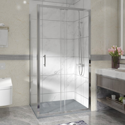 Sundaze Chrome Shower Enclosure 1100mm Sliding Door With 800mm Side PanelAnthracite Slate Effect Shower Tray & Waste from B&Q