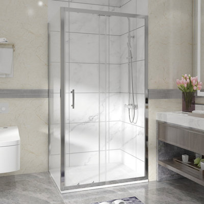 Sundaze Chrome Shower Enclosure 1100mm Sliding Door With 900mm Side PanelWhite Slate Effect Shower Tray & Waste from B&Q