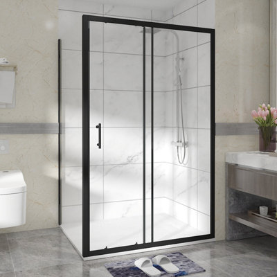 Sundaze Matt Black Shower Enclosure 1200mm Sliding Door With 800mm Side PanelWhite Slate Effect Shower Tray & Waste from B&Q