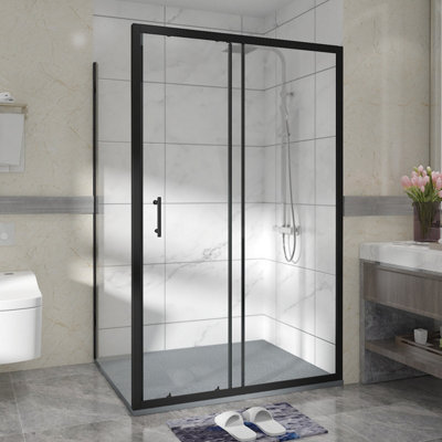 Sundaze Matt Black Shower Enclosure 1200mm Sliding Door With 900mm Side PanelAnthracite Slate Effect Shower Tray & Waste from B&Q