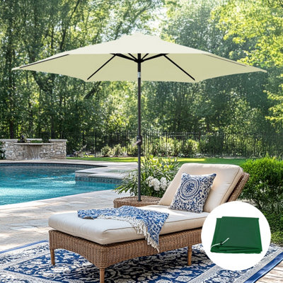 B&Q -  2.5M Cream Garden Parasol Umbrella Crank Tilt Sun Shade With Green Cover