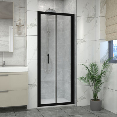 Sundaze Matt Black Bi-Fold Door Shower Enclosure (W)700mm With White 1100X700mm Shower Tray And Waste from B&Q