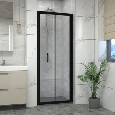 Sundaze Matt Black Bi-Fold Door Shower Enclosure (W)700mm With Anthracite 900X700mm Shower Tray And Waste from B&Q