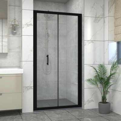 Sundaze Matt Black Bi-Fold Door Shower Enclosure (W)800mm With Anthracite 800X800mm Shower Tray And Waste from B&Q