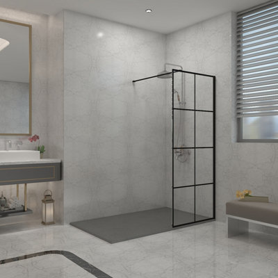Sundaze Black Grid 8mm Walk In Shower Enclosure Wet Room Glass Screen 900mm With 1200X900mm Anthracite Shower Tray from B&Q