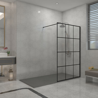 Sundaze Black Grid 8mm Walk In Shower Enclosure Wet Room Glass Screen 1100mm With 1600X700mm Anthracite Shower Tray from B&Q