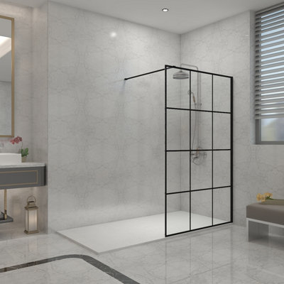 Sundaze Black Grid 8mm Walk In Shower Enclosure Wet Room Glass Screen 1100mm With 1600X900mm White Shower Tray from B&Q