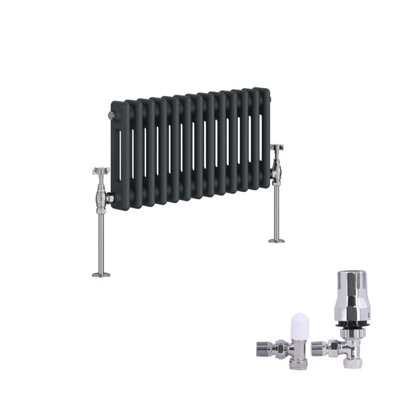 B&Q -  Traditional 2 Column Radiator Horizontal Cast Iron Style Rads 300X605mm Anthracite With Angled Thermostatic Valve