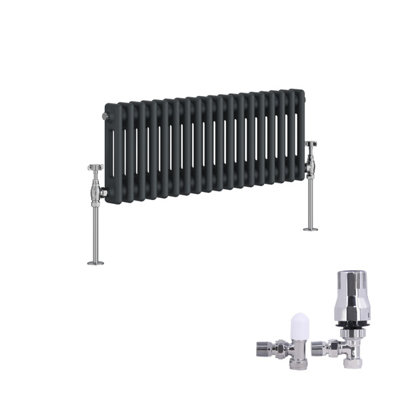 B&Q -  Traditional 2 Column Radiator Horizontal Cast Iron Style Rads 300X830mm Anthracite With Angled Thermostatic Valve