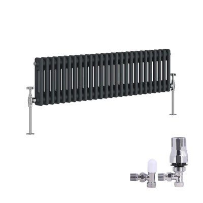 B&Q -  Traditional 2 Column Radiator Horizontal Cast Iron Style Rads 300X1190mm Anthracite With Angled Thermostatic Valve