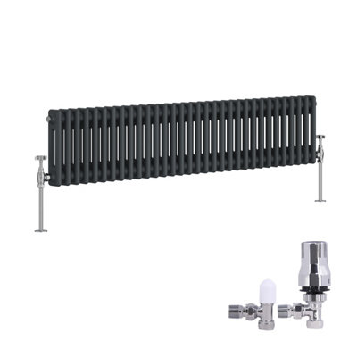 B&Q -  Traditional 2 Column Radiator Horizontal Cast Iron Style Rads 300X1460mm Anthracite With Angled Thermostatic Valve