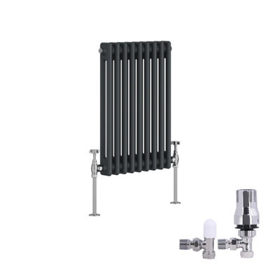 B&Q -  Traditional 2 Column Radiator Horizontal Cast Iron Style Rads 600X425mm Anthracite With Angled Thermostatic Valve