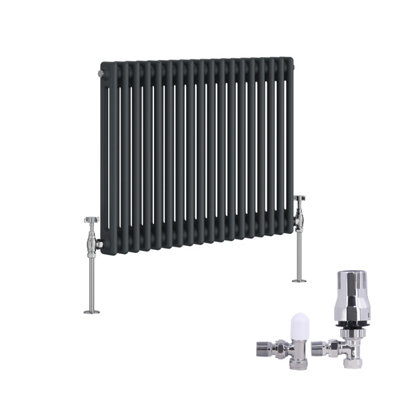 B&Q -  Traditional 2 Column Radiator Horizontal Cast Iron Style Rads 600X830mm Anthracite With Angled Thermostatic Valve