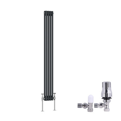 B&Q -  Traditional 2 Column Radiator Vertical Cast Iron Style Rads 1500X200mm Anthracite With Angled Thermostatic Valve