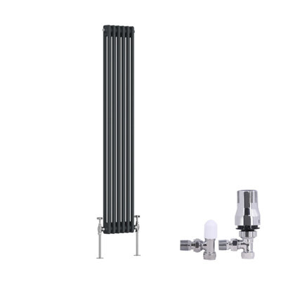 B&Q -  Traditional 2 Column Radiator Vertical Cast Iron Style Rads 1500X290mm Anthracite With Angled Thermostatic Valve