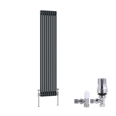 B&Q -  Traditional 2 Column Radiator Vertical Cast Iron Style Rads 1500X380mm Anthracite With Angled Thermostatic Valve