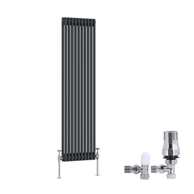 B&Q -  Traditional 2 Column Radiator Vertical Cast Iron Style Rads 1500X470mm Anthracite With Angled Thermostatic Valve