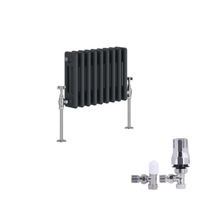 B&Q -  Traditional 3 Column Radiator Horizontal Cast Iron Style Rads 300X427mm Anthracite With Angled Thermostatic Valve