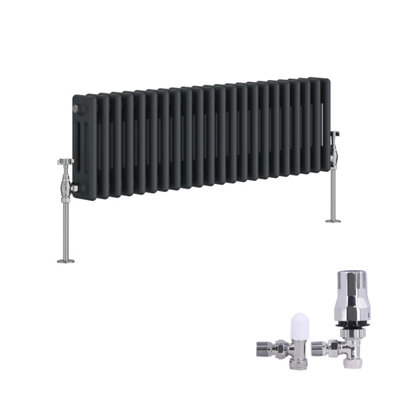 B&Q -  Traditional 3 Column Radiator Horizontal Cast Iron Style Rads 300X1012mm Anthracite With Angled Thermostatic Valve