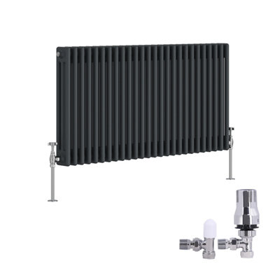 B&Q -  Traditional 3 Column Radiator Horizontal Cast Iron Style Rads 600X1192mm Anthracite With Angled Thermostatic Valve