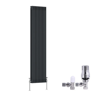 B&Q -  Traditional 3 Column Radiator Vertical Cast Iron Style Rads 1800X472mm Anthracite With Angled Thermostatic Valve