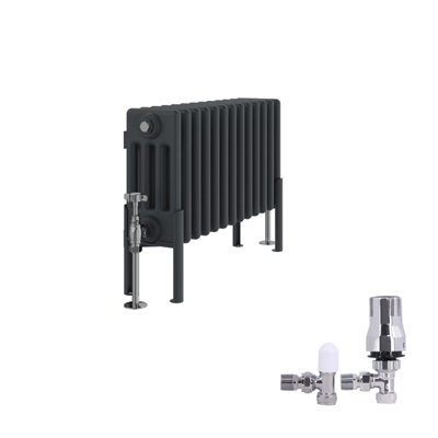 B&Q -  Traditional 4 Column Radiator Horizontal Cast Iron Style Rads 300X605mm Anthracite With Angled Thermostatic Valve