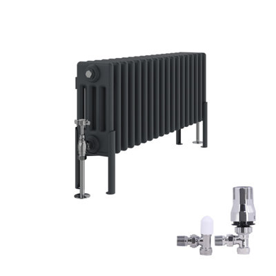 B&Q -  Traditional 4 Column Radiator Horizontal Cast Iron Style Rads 300X830mm Anthracite With Angled Thermostatic Valve